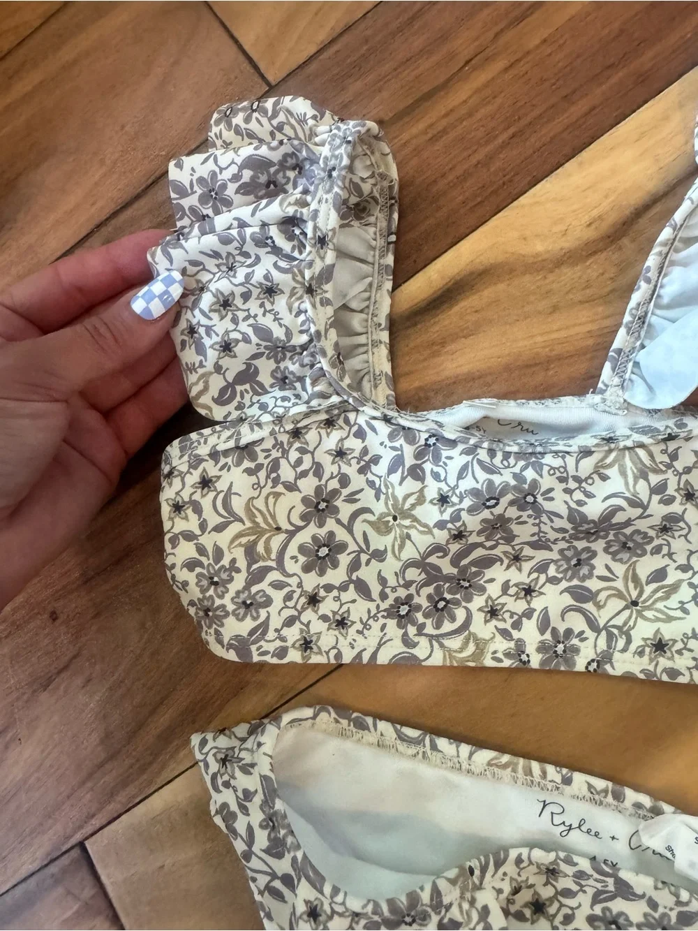 Rylee + Cru Cream and Gray Floral Kids Bikini 4-5y
